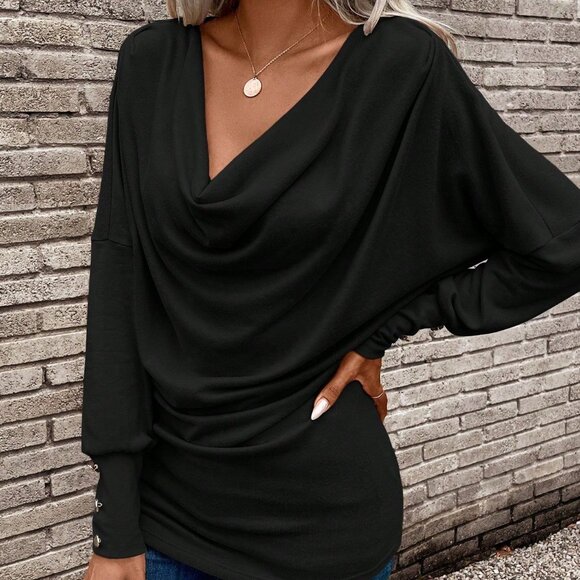 Black Casual Women's Draped Button Long Sleeve T-Shirt - Picture 6 of 8
